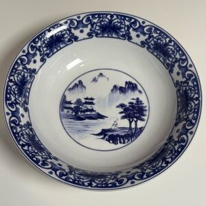 Canton Blue Serving Bowl 9” Pagoda Mountain Blue & White
